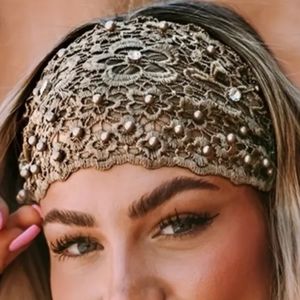 Lovely Wide Lace Headband with Pearl Rhinestone Embellishments Never Worn